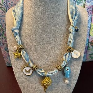 Blue and Gold Boho Charm Silky Necklace - Women's Jewelry
